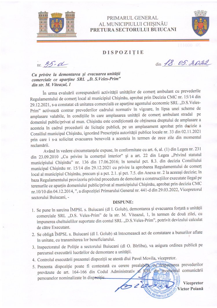 Dispoziția nr. 35- d din 18.05.2022 Cu privire la demontarea și evacuarea unității comerciale ce aparține SRL  " D. S. Veles-Prim" din str. M. Viteazul, 1.