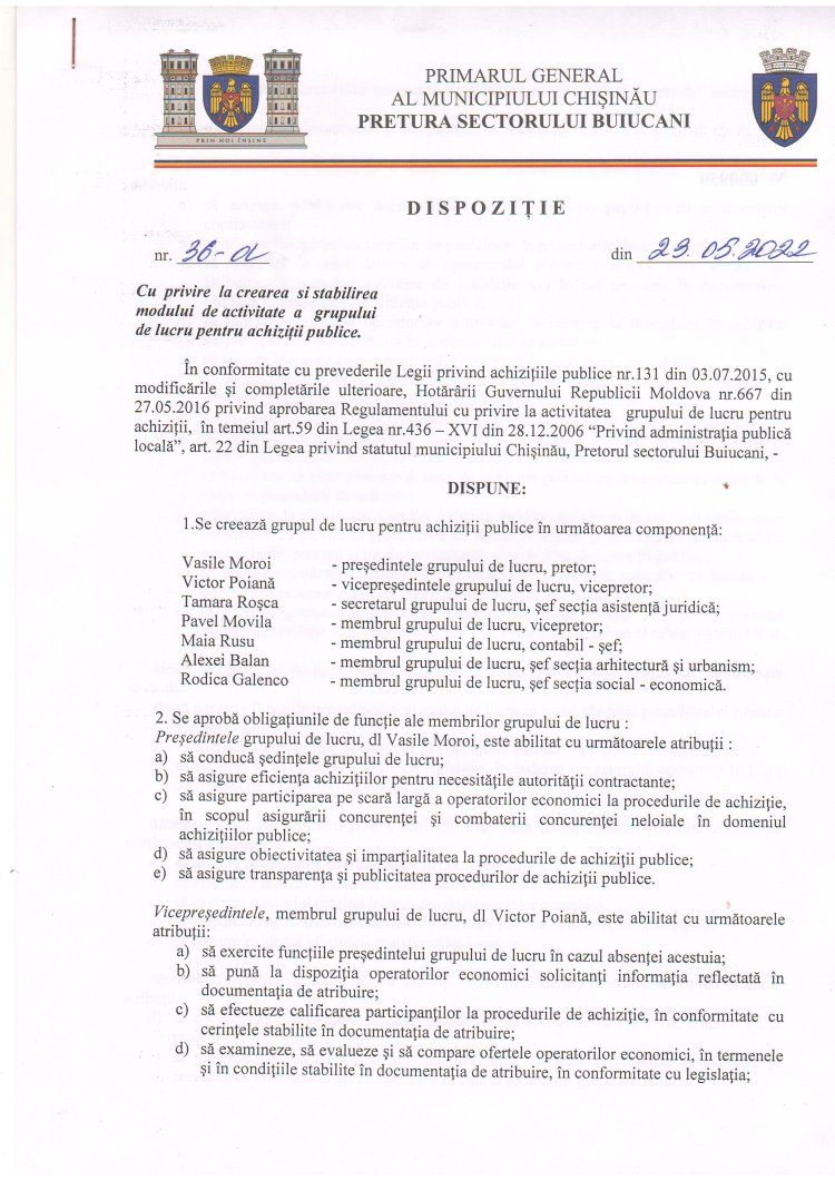 Dispoziția nr. 36 - d din 23.05.2022 Cu privire la crearea  și stabilirea modului de activitate a grupului de lucru pentru achiziții publice.