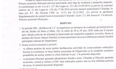 Dispoziția nr. 38 - d din 25.05.2022 Cu privire la desfășurarea unui iarmaroc de weekend a meșterilor populari la bd. Ștefan cel Mare și Sfînt, 103.