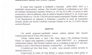 Dispoziția nr. 39 - d din 25.05.2022 Cu privire la organizarea Expoziției KIDS EXPO - 2022 și a manifestării cultural-artistice dedicate Zilei Ocrotirii Copilului.