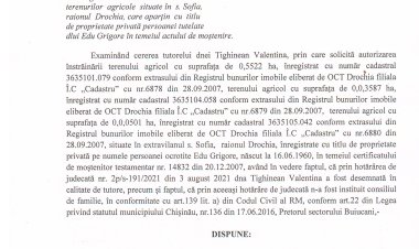 Dispoziția nr. 40 - d Cu privire la permisiunea tutorelui dnei Tighinean Valentina de a înstrăina terenurile agricole situate în S. Sofia, raionul Drochia, care aparțin cu titlu de proprietate privată persoanei tutelate dlui Edu Grigore în temeiul actului de moștenire.