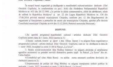 Dispoziția nr. 41 - d din 27.05.2022 Cu privire la organizarea și desfășurarea manifestării cultural-artistice dedicate Zilei Ocrotirii Copilului, 1 iunie.