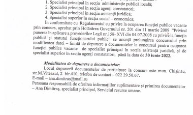 ANUNȚ!!!!! PRETURA SECTORULUI BUIUCANI COMISIA DE CONCURS ANUNȚĂ PRELUNGIREA CONCURSULUI PRIN MODIFICAREA DATEI LIMITĂ DE DEPUNERE A DOCUMENTELOR.
