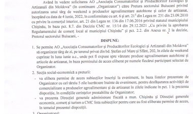 Dispoziția nr. 42 - d din 30.05.2022 Cu privire la desfășurarea unui tîrg de zi a produselor agricole autohtone și de artizanat la bd. Ștefan cel Mare și Sfînt, 202.