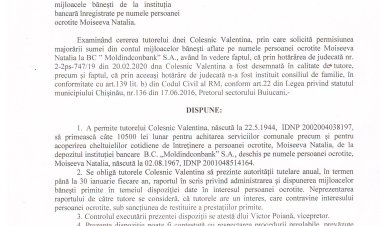 Dispoziția nt. 43 - d din 06.06.2022 Cu privire la permisiunea tutorelui dnei Colesnic Valentina de a gestiona mijloacele bănești de la instituția bancară înregistrate pe numele persoanei ocrotite Moiseeva Natalia.
