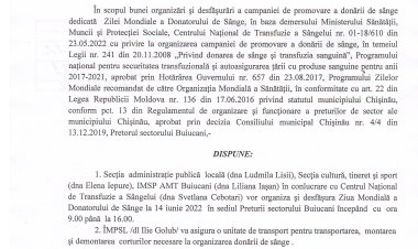 Dispoziția nr. 45 - d din 06.06.2022 Cu privire la organizarea și desfășurarea Zilei Mondiale a Donatorului de Sînge.