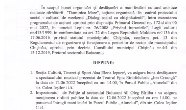 Dispoziția nr. 46 - d din 08.06.2022 Cu privire la organizarea ți defășurarea manifestărilor cultural-artistice dedicate sărbătorii "Duminica Mare".