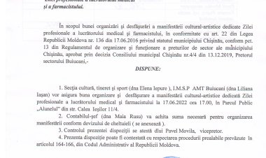 Dispoziția nr. 47 - d din 13.06.2022 Cu privire la organizarea și desfășurarea manifestării cultural-artistice dedicate Zilei profesionale a lucrătorului medical și a farmacistului.