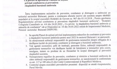Dispoziția nr. 48 - d din 13.06.2022 Cu privire la aprobarea Planului de acțiuni privind combaterea și prevenirea răspăndirii buruienii ambrozia.