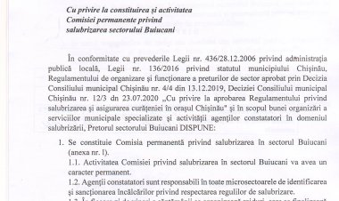 Dispoziția nr. 50 - d din 16.06.2022 Cu privire la constituirea și activitatea Comisiei permanente privind salubrizarea sectorului Buiucani.