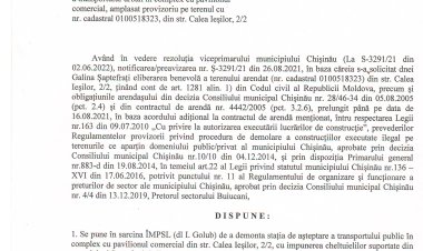 Dispoziția nr. 51 - d din 16.06.2022 Cu privire la demontarea stației de  așteptare a transportului urban în complex cu pavilionul comercial, amplasat provizoriu pe terenul cu nr. 0100518323, din str. Calea Ieșilor, 2/2.