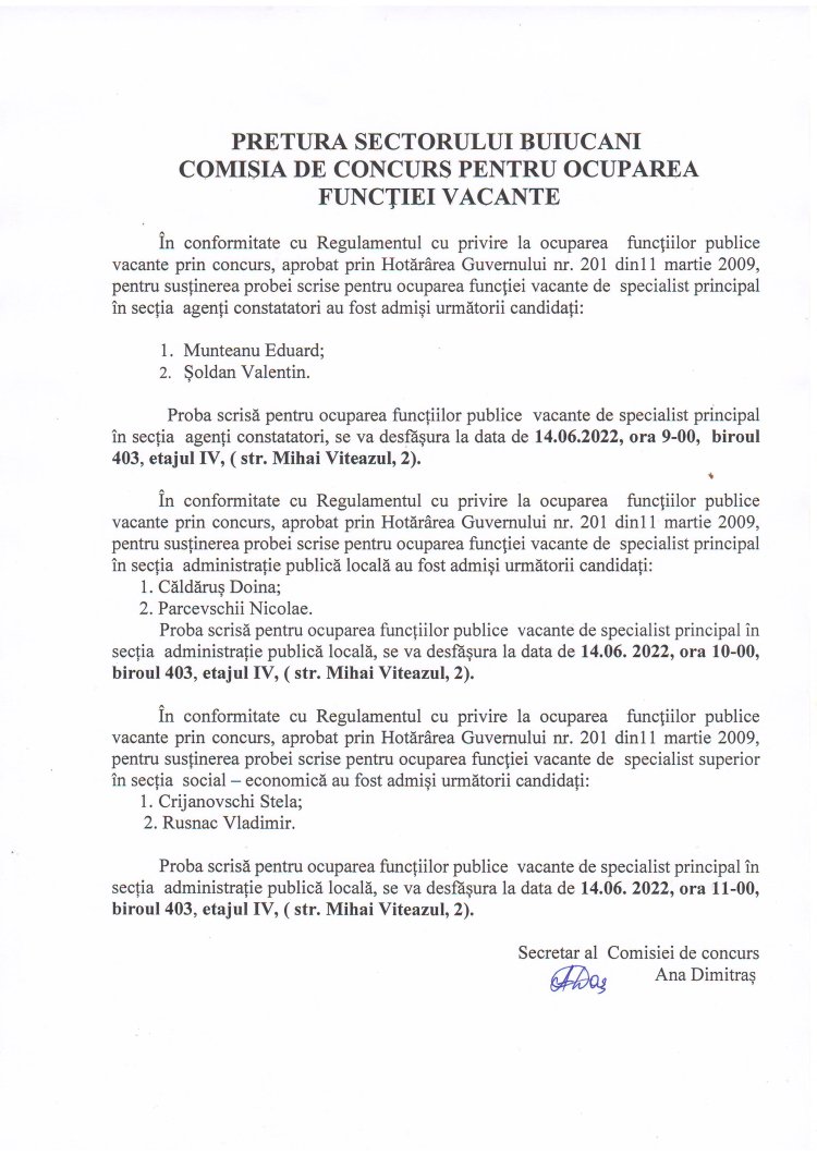 PRETURA SECTORULUI BUIUCANI COMISIA DE CONCURS PENTRU OCUPAREA FUNCȚIEI  VACANTE