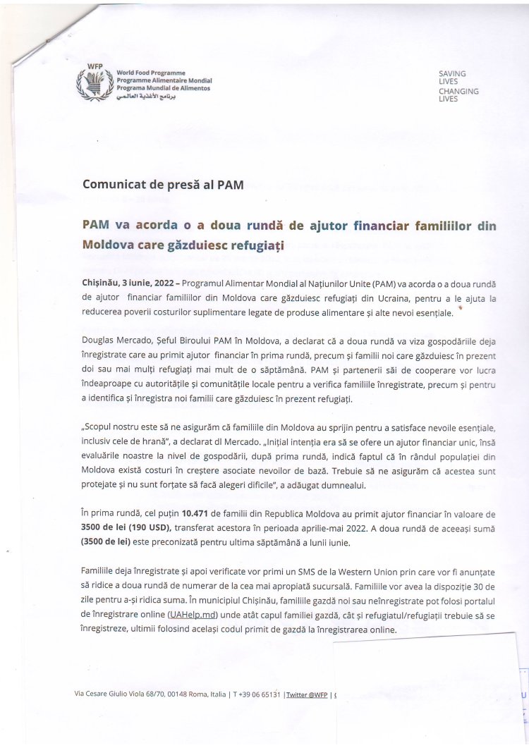 PAM va acorda o a doua rundă de ajutor financiar familiilor din Moldova care găszduiesc refugiați.