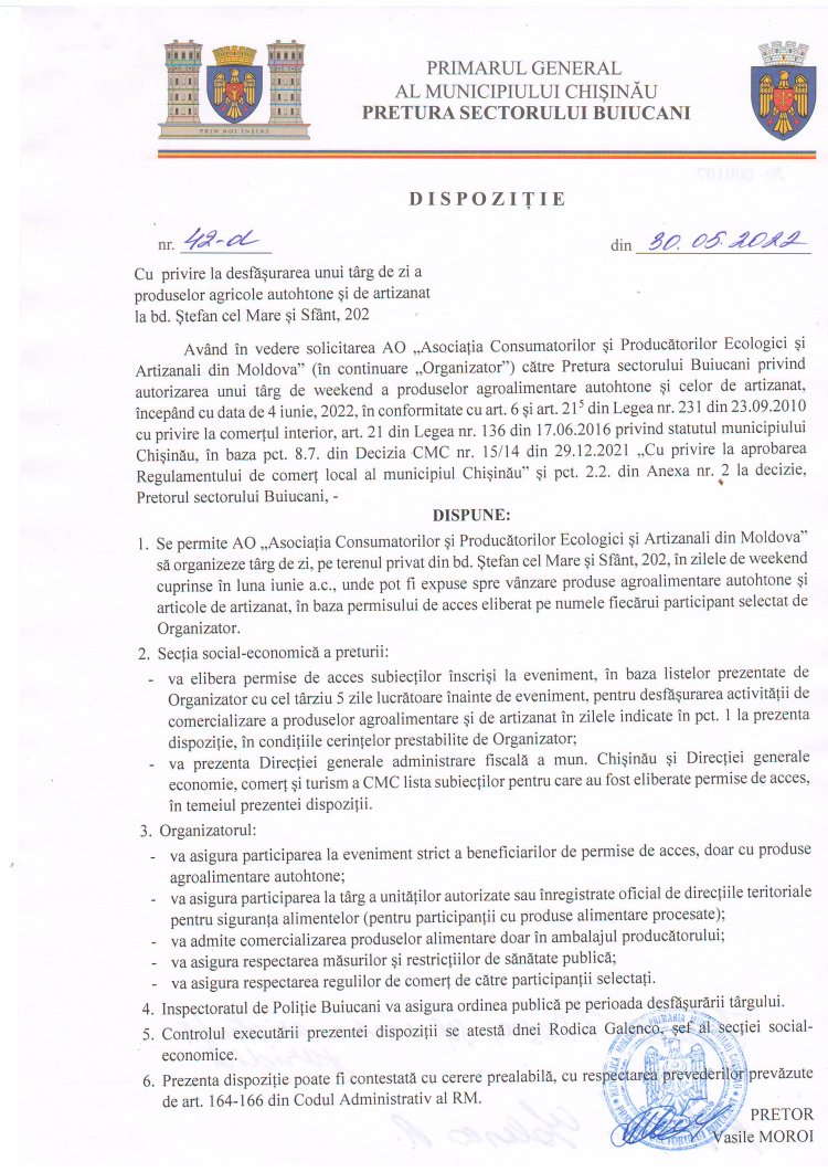 Dispoziția nr. 42 - d din 30.05.2022 Cu privire la desfășurarea unui tîrg de zi a produselor agricole autohtone și de artizanat la bd. Ștefan cel Mare și Sfînt, 202.