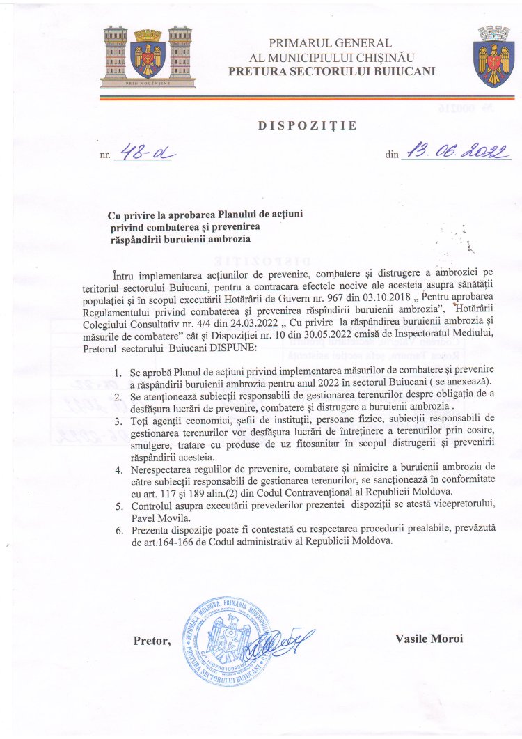Dispoziția nr. 48 - d din 13.06.2022 Cu privire la aprobarea Planului de acțiuni privind combaterea și prevenirea răspăndirii buruienii ambrozia.