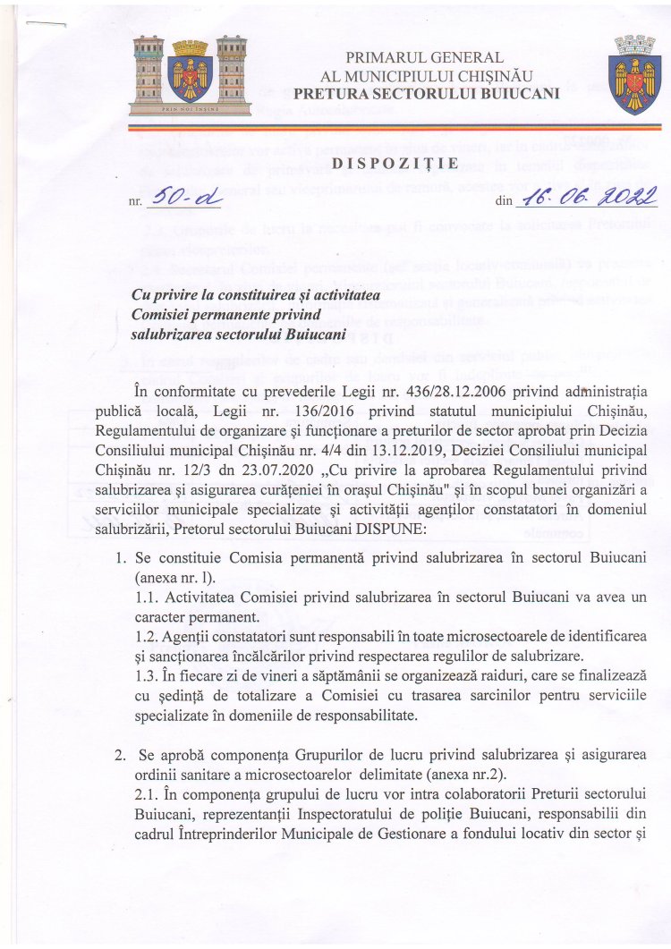Dispoziția nr. 50 - d din 16.06.2022 Cu privire la constituirea și activitatea Comisiei permanente privind salubrizarea sectorului Buiucani.