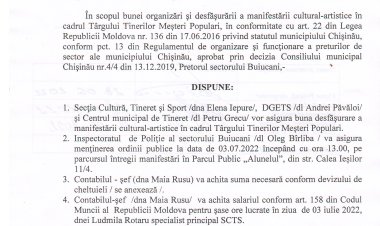 Dispoziția nr. 54 - d din 28.06.2022 Cu privire la organizarea și desfășurarea manifestării cultural-artistice în cadrul Tîrgului Tinerilor Meșteri Populari.