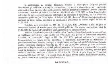 Dispoziția nr. 55 - d din 29.06.2022 Cu privire la demontarea dispozitivului publicitar al SRL " Proriom"din Calea Ieșilor, 15, mun. Chișinău.