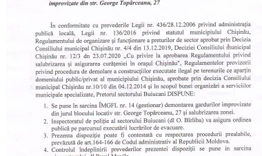 Dispoziția nr. 57 - d din 01.07.2022 Cu privire la demontarea gardurilor improvizate din str. George Topîrceanu, 27.