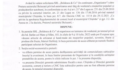 Dispoziția nr. 59 - d din 05.07.2022 Cu privire la desfășurarea unui iarmaroc de  weekwnd la bd. Ștefan cel Mare și Sfînt, 103.