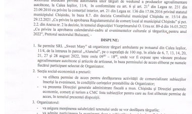 Dispoziția nr. 61 - din 19.07.2022 Cu privire la desfășurarea unui tîrg a produselor agroalimentare autohtone la Calea Ieșilor, 11/4.