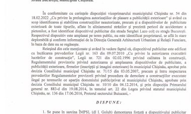 Dispoziția nr. 62 - d din 19.07.2022 Cu privire la demontarea dispozitivului publicitar din strada Serghei Lazo colț cu strada București, municipiul Chișinău.