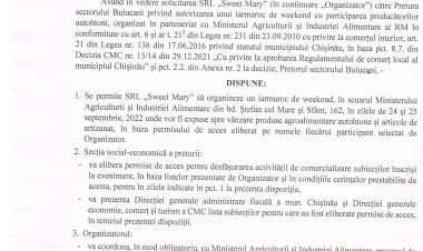 Dispoziția nr.  64 - d din 25.07.2022 Cu privire la desfășurarea unui iarmaroc de weekend la bd. Ștefan cel Mare, 162.