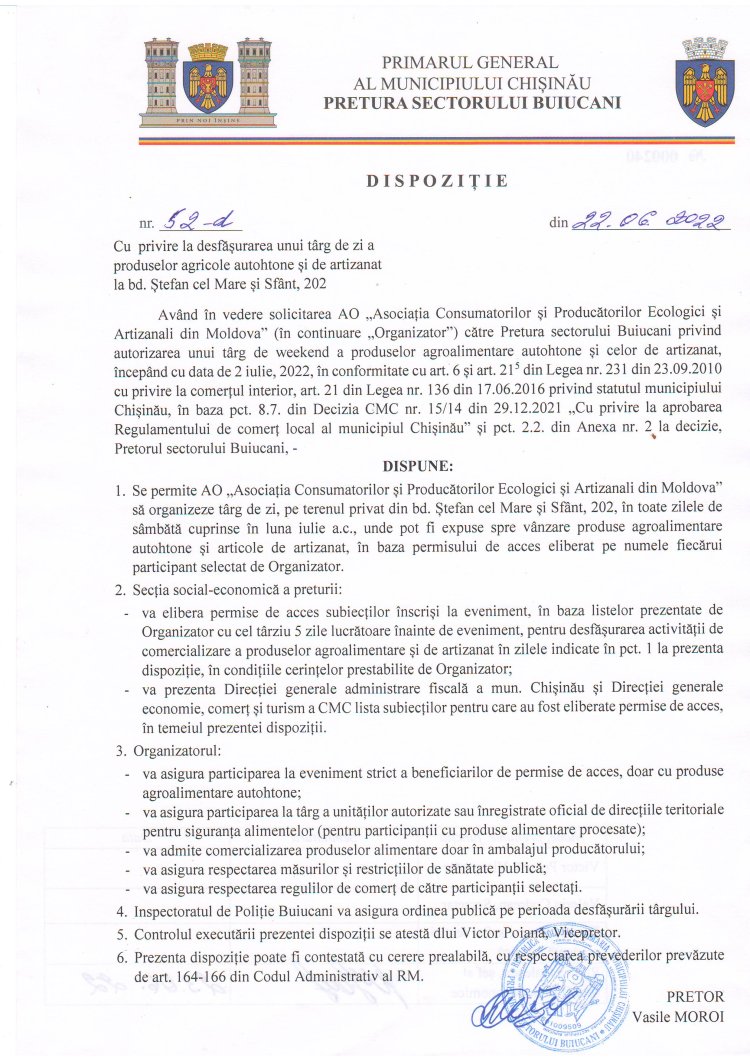 Dispoziția nr. 52 - d Cu privire la desfășurarea unui tîrg de zi a produselor agricole autohtone și de artizanat la bd. Ștefan cel Mare și Sfînt, 202.