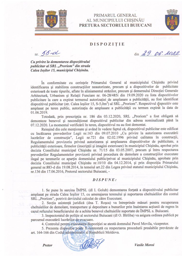 Dispoziția nr. 55 - d din 29.06.2022 Cu privire la demontarea dispozitivului publicitar al SRL " Proriom"din Calea Ieșilor, 15, mun. Chișinău.