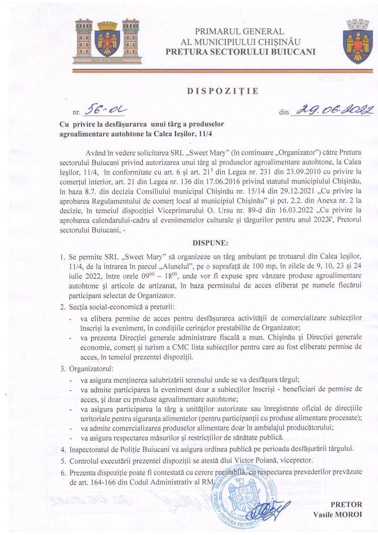 Dispoziția nr. 56 - d Cu privire la desfășurarea unui tîrg a produselor agroalimentare  autohtone la Calea Ieșilor, 11/4.