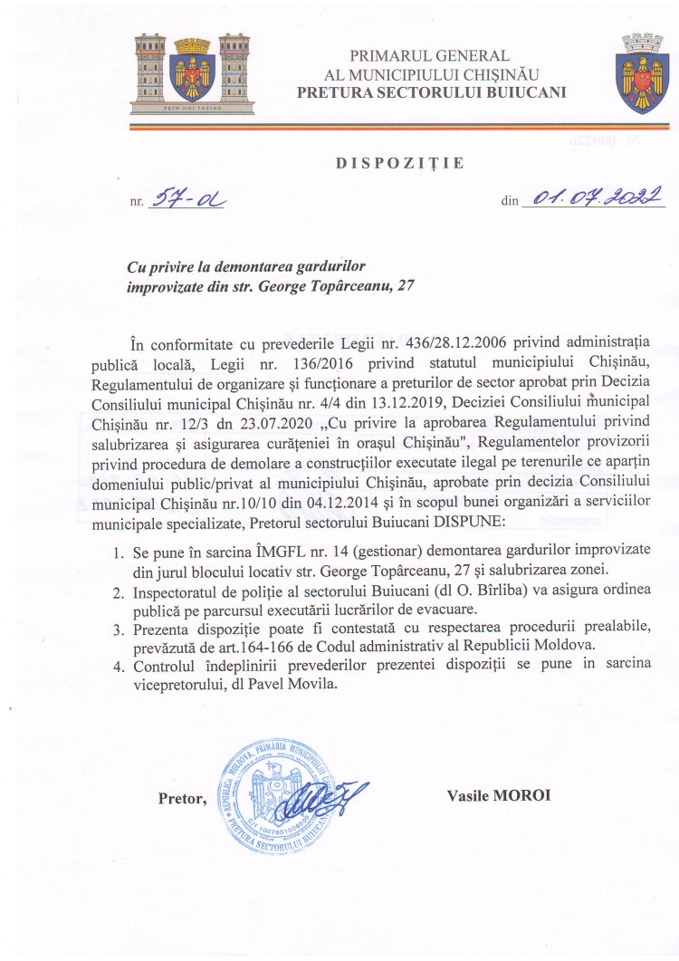 Dispoziția nr. 57 - d din 01.07.2022 Cu privire la demontarea gardurilor improvizate din str. George Topîrceanu, 27.
