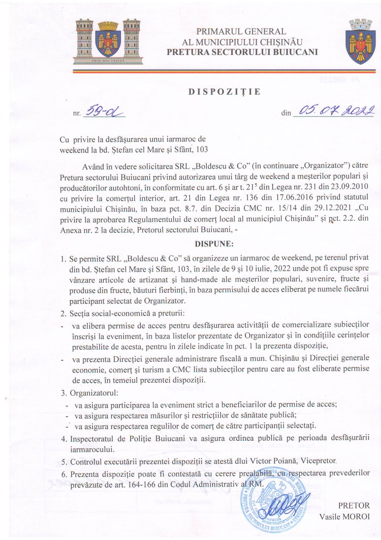 Dispoziția nr. 59 - d din 05.07.2022 Cu privire la desfășurarea unui iarmaroc de  weekwnd la bd. Ștefan cel Mare și Sfînt, 103.