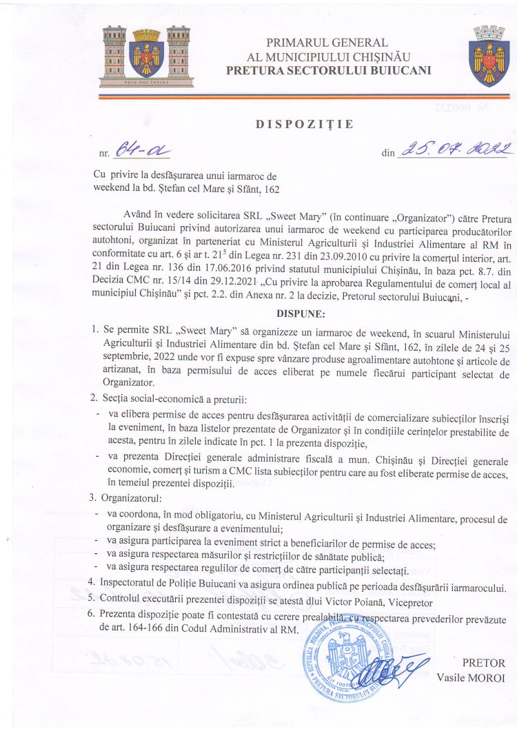 Dispoziția nr.  64 - d din 25.07.2022 Cu privire la desfășurarea unui iarmaroc de weekend la bd. Ștefan cel Mare, 162.