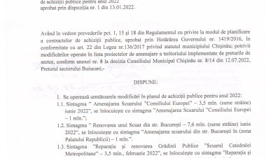 Dispoziția nr. 66 - d din 01.08.2022 Cu privire la modificarea planului de achiziții publice pentru anul 2022 aprobat prin dispoziția nr.1 din 13.01.2022.
