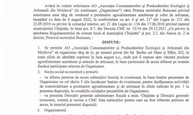 Dispoziția nr. 67 - d din 01.08.2022 Cu privire la desfășurarea unui tîrg de zi a produselor agricole  autohtone și de artizanat la bd. Ștefan cel Mare și Sfînt, 202.