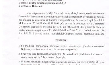 Dispoziția nr. 69 - d din 09.08.2022 Cu privire modificarea componenței Comisiei pentru situații excepționale /CSE/ a sectorului Buiucani.