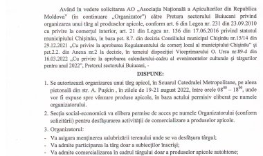 Dispoziția nr. 72 - d din 15.08.2022 Cu privire la desfălurarea unui tîrg al produselor apicole în Scuarul Catedralei Metropolitane, aleea pietonală din str. A.Pușkin.