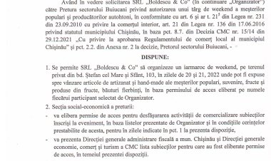 Dispoziția nr. 73 - d din 15. 08.2022 Cu privire la desfășurarea unui iarmaroc de weekend la bd. Ștefan cel Mare și Sfînt, 103.