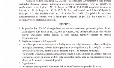 Dispoziția nr. 74 - d din 15.08.2022 Cu privire la desfășurarea iarmarocului "Dor de Școală' la Calea Ieșilor, 8.