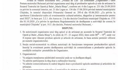 Dispoziția nr. 75 - d din 15.08.2022 Cu privire la desfășurarea unui tîrg al produselor apicole și de artizanat.