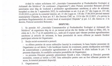 Dispoziția nr. 76- d din 25.08.2022 Cu privire la desfășurarea unui tîrg de zi a produselor agricole autohtone și de artizanat la bd. Ștefan cel Mare și Sfînt, 202