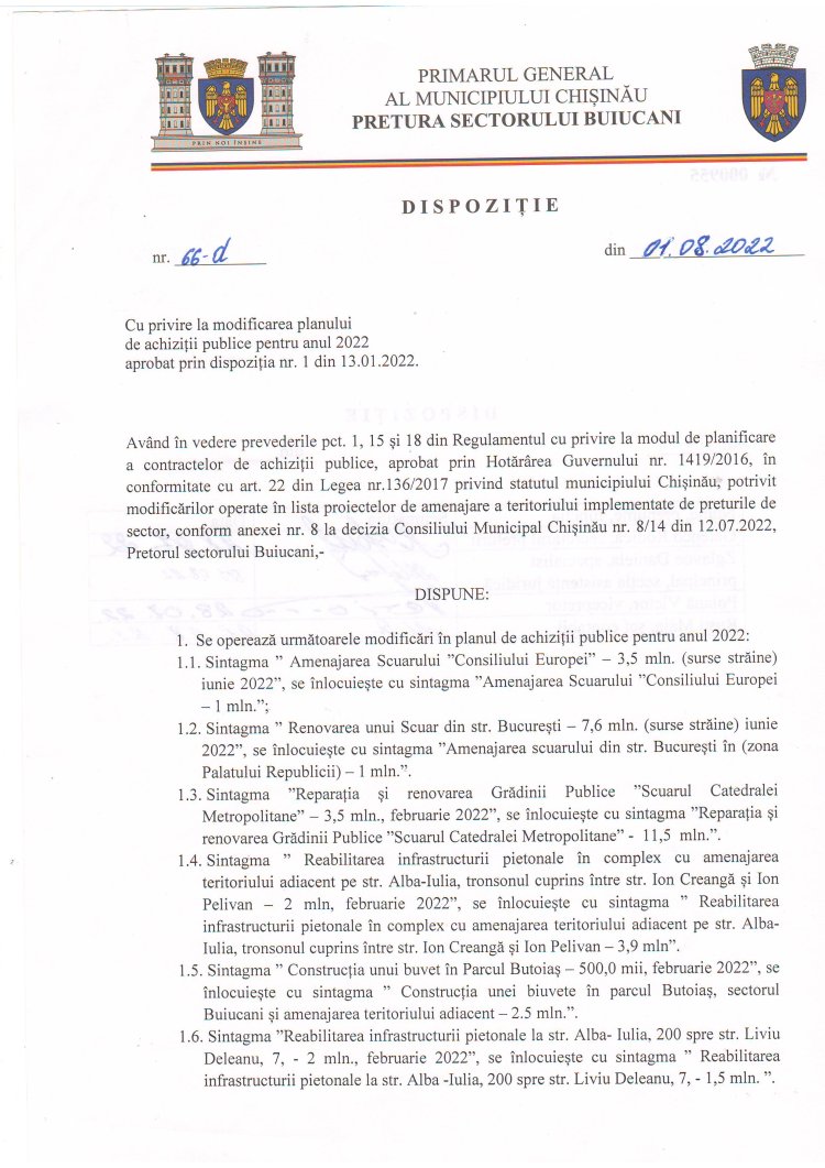 Dispoziția nr. 66 - d din 01.08.2022 Cu privire la modificarea planului de achiziții publice pentru anul 2022 aprobat prin dispoziția nr.1 din 13.01.2022.