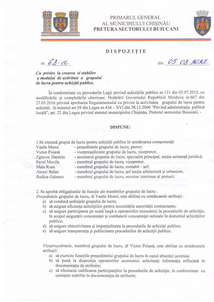 Dispoziția nr. 68 - d  din 05.08.2022 Cu privire la crearea și stabilire a modului de activitate a grupului de lucru pentru achiziții publice.