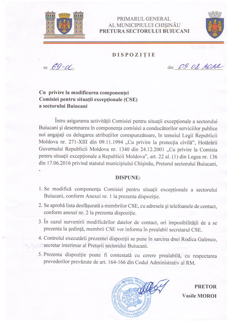 Dispoziția nr. 69 - d din 09.08.2022 Cu privire modificarea componenței Comisiei pentru situații excepționale /CSE/ a sectorului Buiucani.