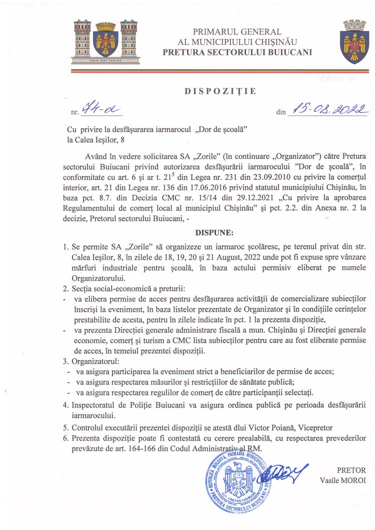 Dispoziția nr. 74 - d din 15.08.2022 Cu privire la desfășurarea iarmarocului "Dor de Școală' la Calea Ieșilor, 8.