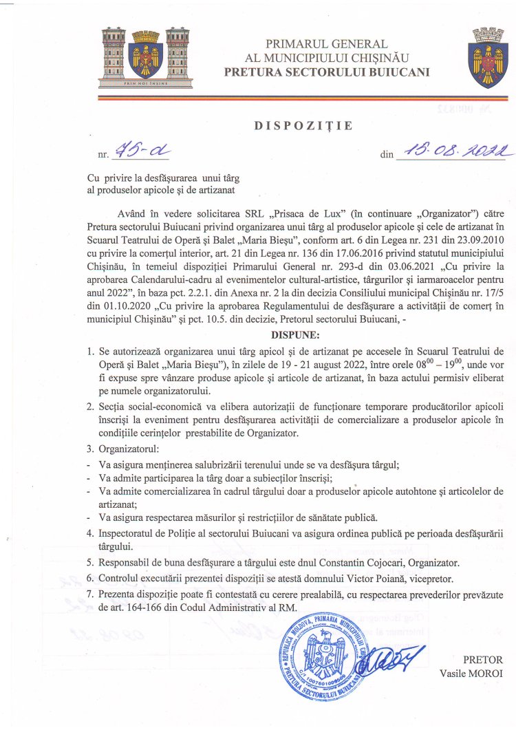 Dispoziția nr. 75 - d din 15.08.2022 Cu privire la desfășurarea unui tîrg al produselor apicole și de artizanat.