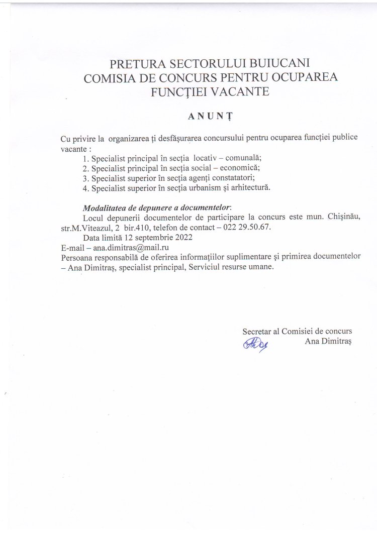 PRETURA SECTORULUI BUIUCANI COMISIA DE CONCURS PENTRU OCUPAREA FUNCȚIEI VACANTE.