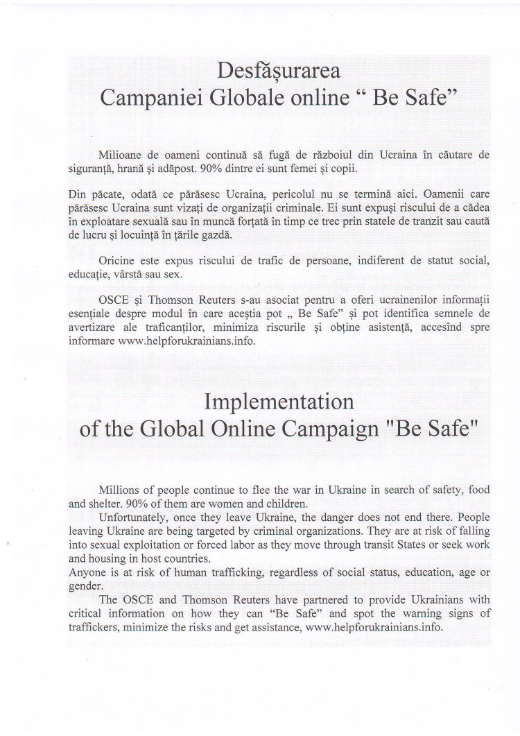 ÎN ATENȚIA REFUGIAȚILOR  !!!  Desfășurarea Campaniei Globale online “ Be Safe”