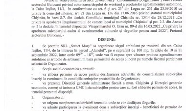 Dispoziția nr. 80 - d din 30.08.2022 Cu privire la desfășurarea  unui tîrg a produselor agroalimentare autohtone la Calea Ieșilor, 11/4.