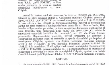 Dispoziția nr. 82-d  din 12.09.2022 Cu privire la demontarea gardului de metal din str. Nicolae Costin, 48/4 și a fundației din beton armat, instalat de către SRL "AVI FORTIS", în lipsa actelor permisive, pe teren ce aparține domeniului publi/privat al municipiului Chișină.u.